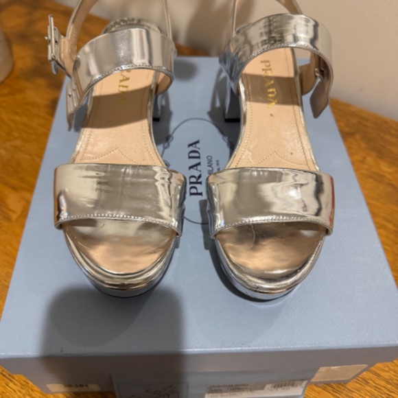 Size 6 Prada Silver Block Heel Low Platform Sandals - Picture 3 of 4
